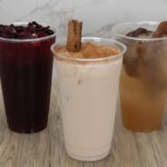 Tasty sweet horchata beverage stands out among the three choices of fruit drinks.
